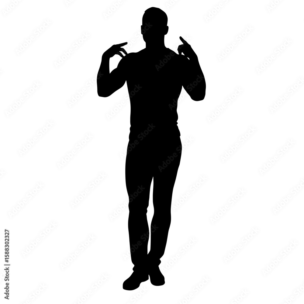 Full body male silhouette with dancing pose on clean white backdrop. Dark silhouette emphasizes form and movement in graceful style, and also creates interesting contrast. Full body male silhouette with dancing pose on clean white backdrop. Dark silhouette emphasizes form and movement in graceful style, and also creates interesting contrast.