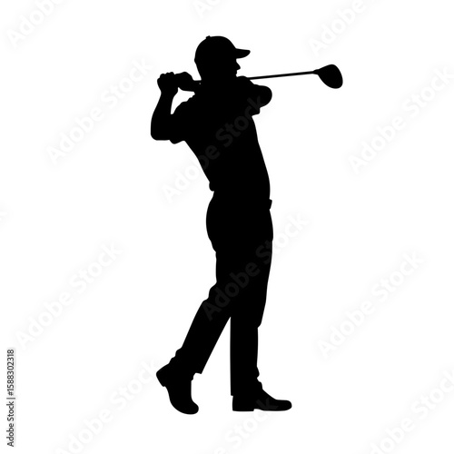 Golfer silhouette swings club against white backdrop, showcasing golfer silhouette in motion. Silhouette captures athletic form during swing with club in hand, conveying power and precision.