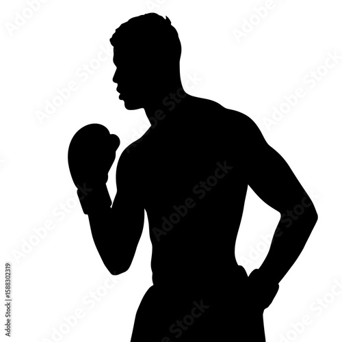 Boxer silhouette of an athlete with boxing gloves, striking a defensive pose against white background. This boxer silhouette captures strength, power, and dedication to the sport