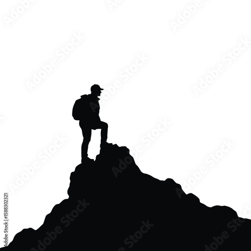 Silhouette of hiker on mountaintop against a white background, portraying a climber reaching summit. Silhouette shows journey, adventure, and mountain trekking