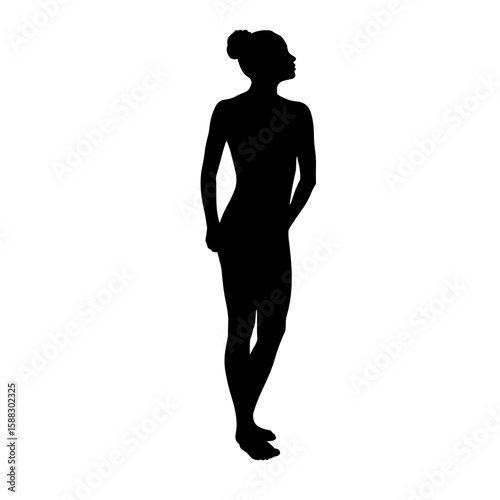 Silhouette of woman with elegant pose, against white backdrop. Silhouette captures slender figure, hands clasped behind her back, and hair neatly styled.