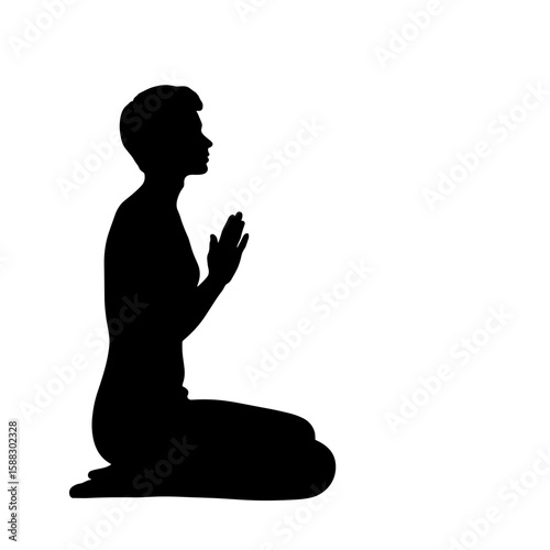 Silhouette of woman kneeling in prayer with hands clasped, symbolizing faith and devotion. The silhouette stands out against a stark white background, highlighting the posture of supplication.