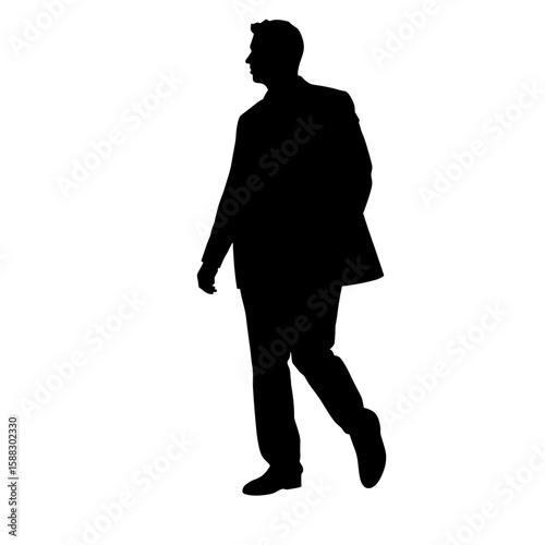 Silhouette of business man walking, depicted in sharp, bold vector shape. Silhouette captures man in motion, stepping forward with confidence and poised posture, against backdrop.