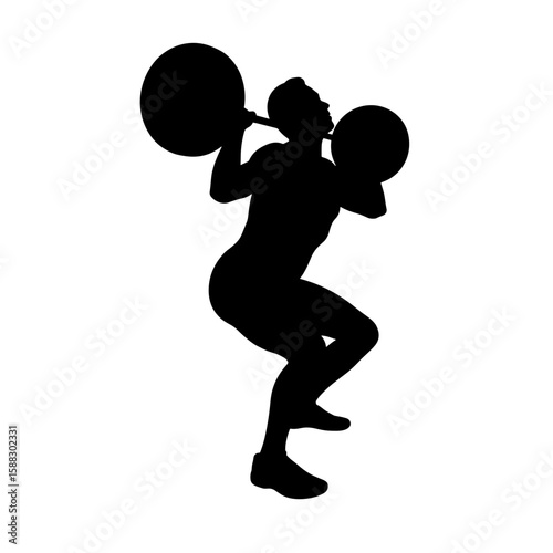 Squat with barbell in silhouette, athletic person working out on white background. Silhouette of athlete is strongman training with heavy weight on barbell, fitness exercise.
