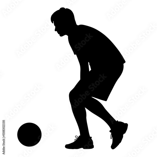 Silhouette of boy with soccer ball on white background. Silhouette shows boy playing soccer and dribbling ball in outdoor setting. Sport silhouette for advertising soccer club.
