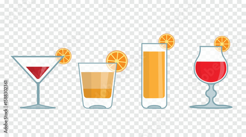 Cocktail and Juice Glasses with Orange Slices – Vector Drink Set