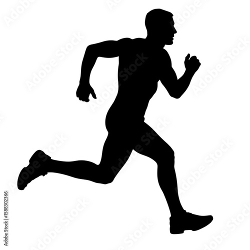 Silhouette of running man against white backdrop shows energy and power. Running man silhouette indicates movement and dynamism, emphasizing fitness and athleticism.