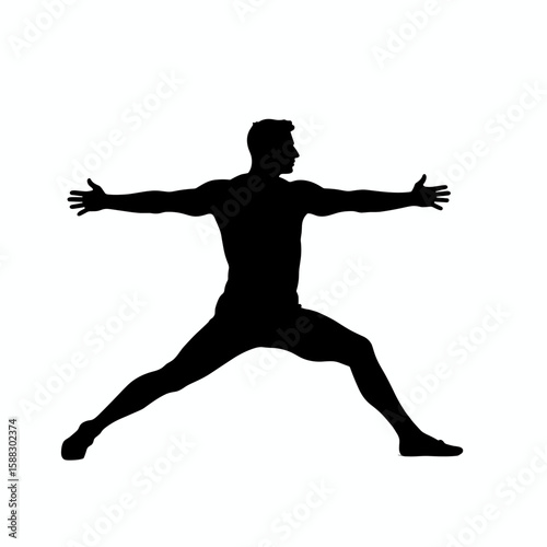 Silhouette of man with outstretched arms and legs poses against pure white background. Silhouette shows athlete practicing yoga pose, embodying strength and flexibility.