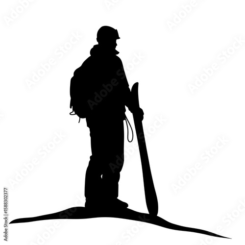 Skier silhouette against stark white backdrop depicts solitary figure holding skis. Silhouette art of skier on snow is simple, graphic representation with dark figure and neutral background.