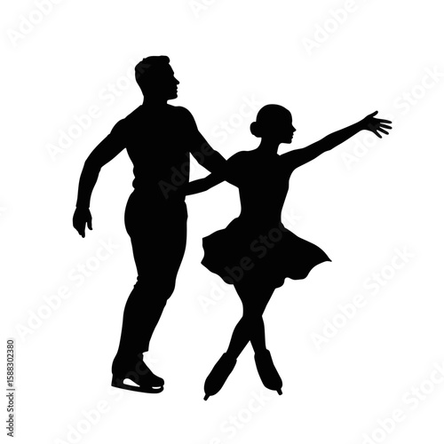 Ice skating silhouette depicts a pair of figure skaters gracefully gliding across ice, in a dynamic pose. Figure skaters silhouette showcases their artistry and athleticism in a synchronized dance.