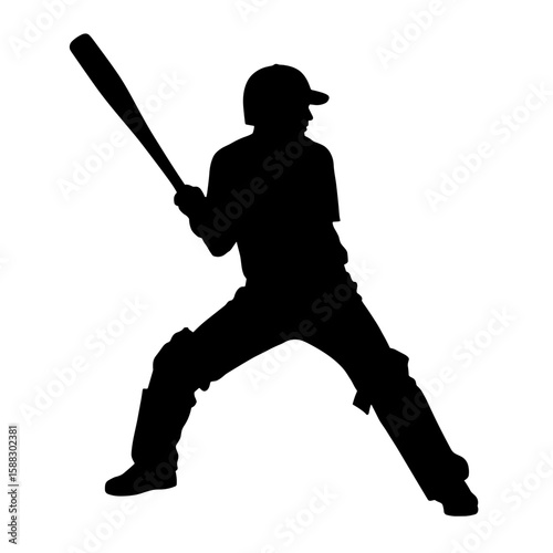 Baseball silhouette displays player in action stance with bat, ready to swing. Baseball silhouette reveals focused athlete with protective gear, helmet, and intense posture