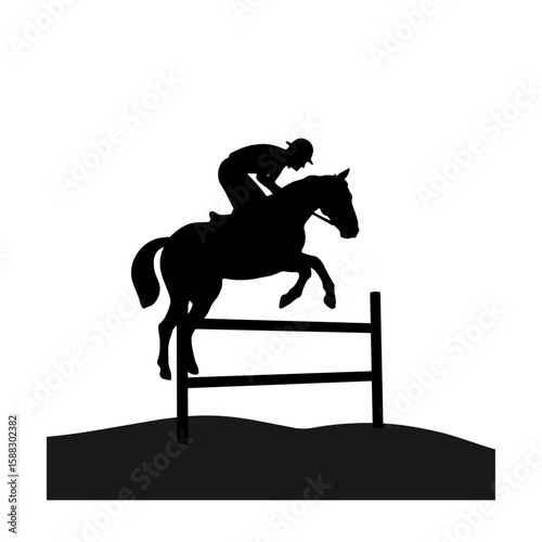 Equestrian silhouette showing horse jumping over hurdle against white backdrop. Dark equestrian silhouette displays show jumping action, horse and rider in mid air.