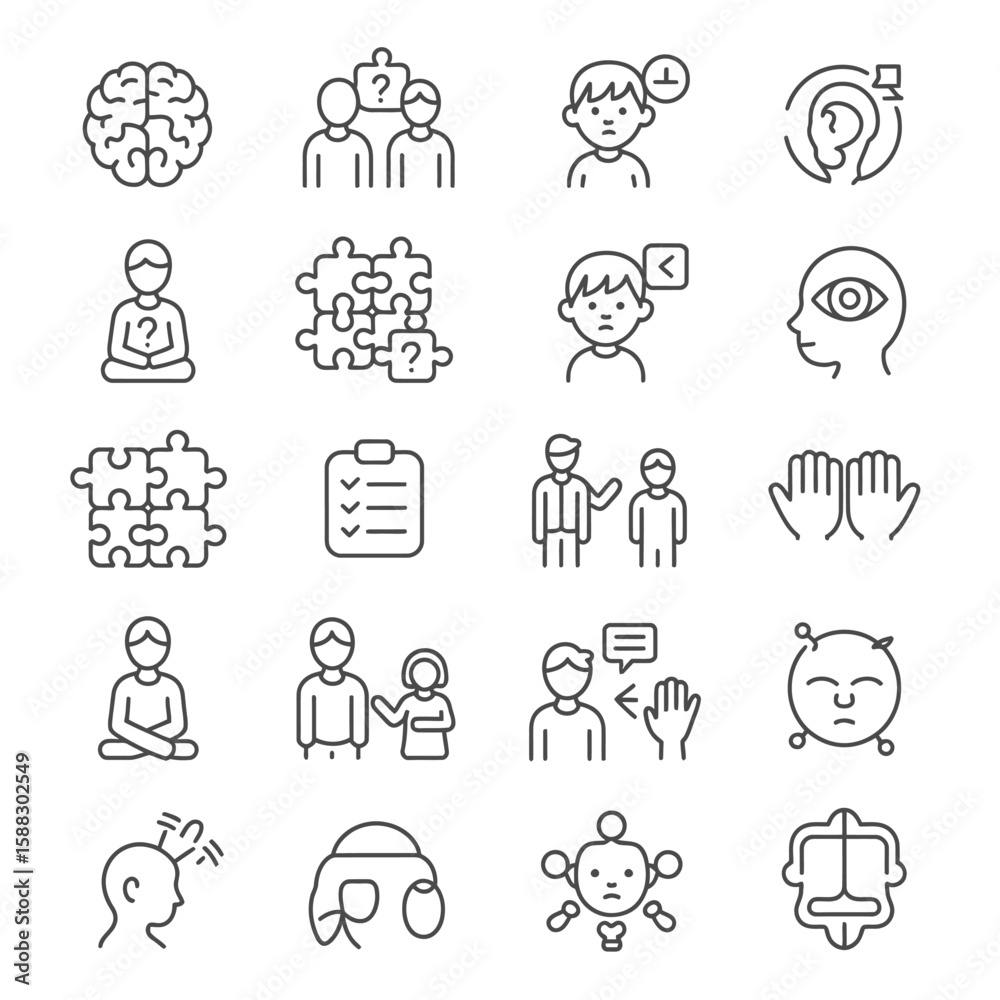 Fototapeta premium Collection of Twenty Black and White Line Icons Depicting Diverse Aspects of Human Psychology Mental Health and Cognitive Processes Including Brain Puzzles People Communication