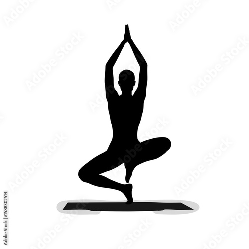 Yoga pose silhouette shows a woman in Vrksasana, tree pose, practicing mindful exercise. Yoga pose silhouette includes balance, flexibility, and mental focus, all part of wellness exercise.