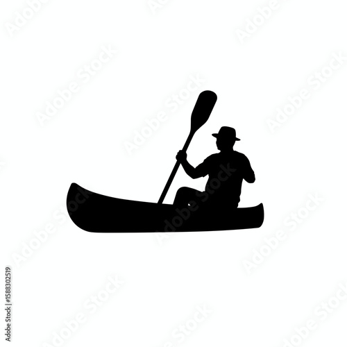 Black silhouette of canoe with paddler in hat against clear white backdrop, illustrating outdoor recreation. This canoe depiction includes person paddling, creating strong silhouette.