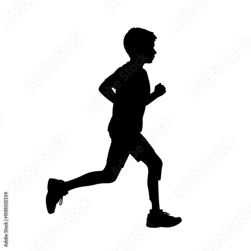 Silhouette of running boy against white background, energetic kid sprints quickly. Silhouette of running boy includes full figure of child running fast with focused face expression and active posture.