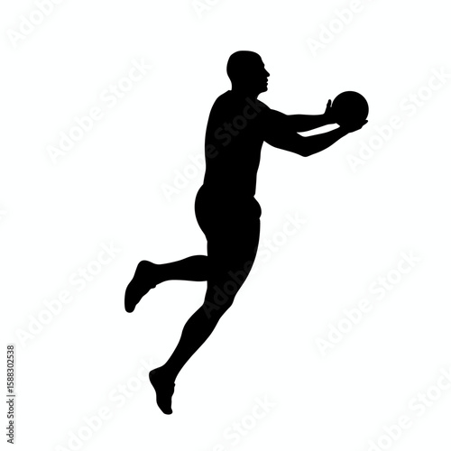 Silhouette of man catching ball, a dynamic action scene captured in silhouette. Active man jumps to catch ball, emphasizing athleticism and movement in minimal design.