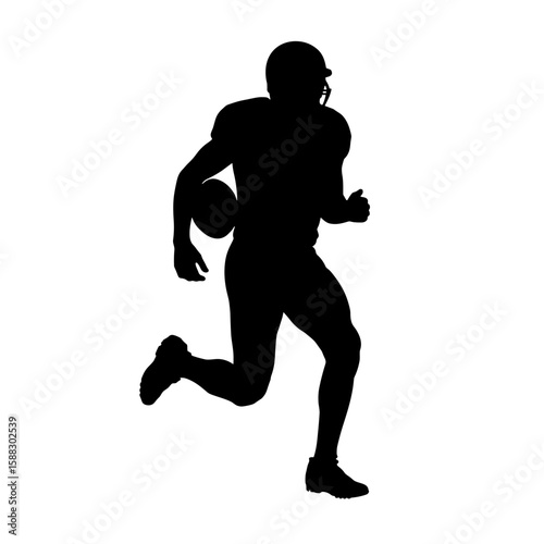 Silhouette of an American football player running with ball in uniform against clear backdrop, athletic field runner showcasing form and speed.