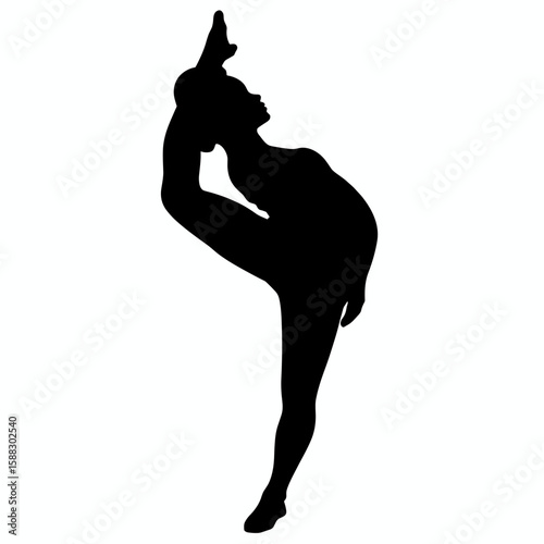 Silhouette of gymnast performing stretching exercise against white background. Detailed silhouette showcases flexibility and body control of professional athlete practicing stretching exercise.