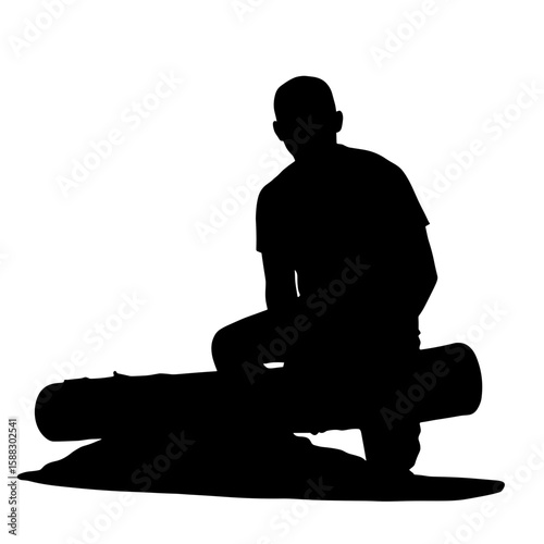 Silhouette image shows individual sitting on a long log, creating a unique figure against white backdrop. Silhouette illustrates posture and form, emphasizing artistic expression.