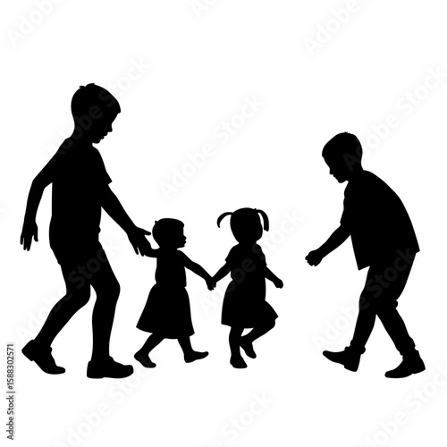 Silhouette of children playing together, two bigger kids leading little ones in a line. Silhouette of children showcases group interaction, cooperation, and playfulness.