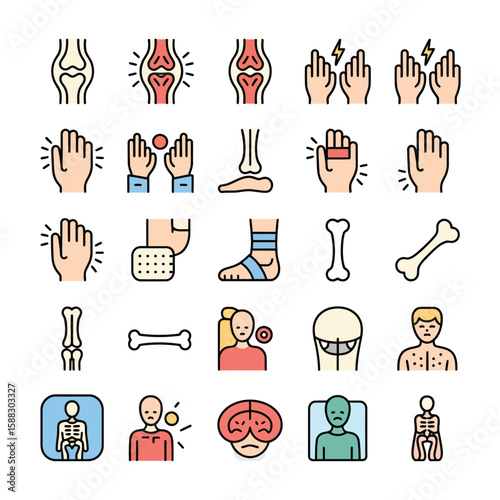 Colorful Vector Icons Set Illustrating Various Bone Joint Pains Injuries and Medical Conditions Including Hands Knees Feet Bones X Ray and Human Figures with Pain Indicators