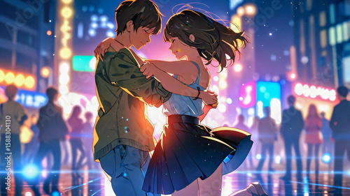 A vector image of a Young Couple in love dancing, backlit, party, new year, birthday, friends, couple, relationship, night, dance floor.