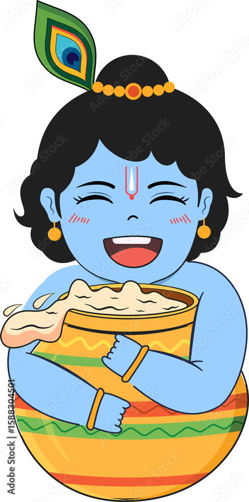 Fototapeta premium Bal krishna eating butter (makhan) on Janmashtami celebration dahi handi indian festival vector illustration