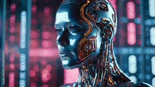 An Illustration of 3D AI powered humanoid emitting electric blue and pink neon data points, fiber optic strands, holographic screen, computation and deep learning.