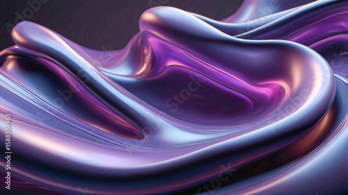 Abstract fluid holographic iridescent purple curved wave in dark background 3d render, Gradient design element for backgrounds, wallpapers, posters, screensaver and web design.