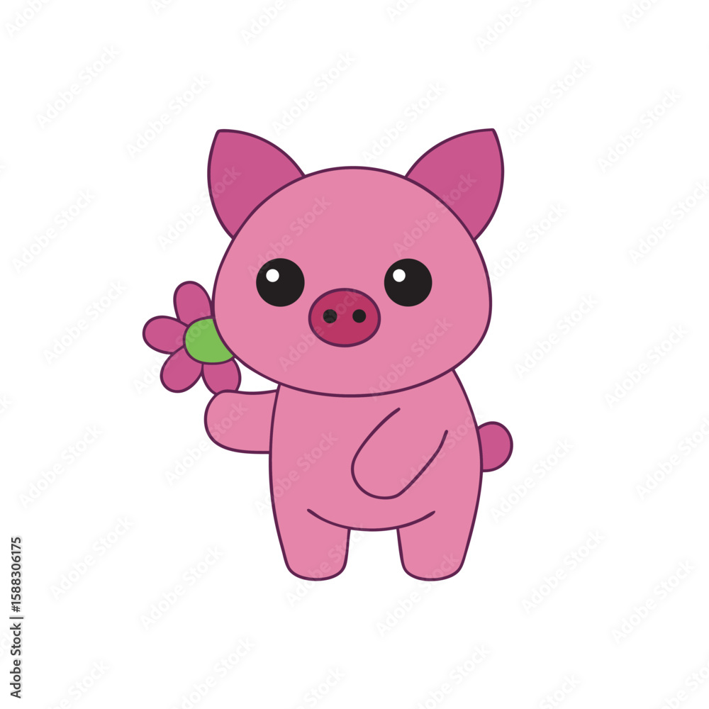 Fototapeta premium -kawaii-pig-holding-a-small-flower--vector-flat-co.eps