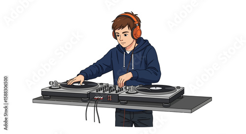 Illustration of a young man with headphones DJing, operating a turntable and mixer, wearing a hoodie, against a white background.