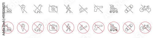 Prohibited Activities And Items Icon Set. No Food, Pets, Photography, Smoking, Weapons and Sports Equipment Outline Symbols. Public Space Restrictions. Editable Stroke. Isolated Vector Illustration