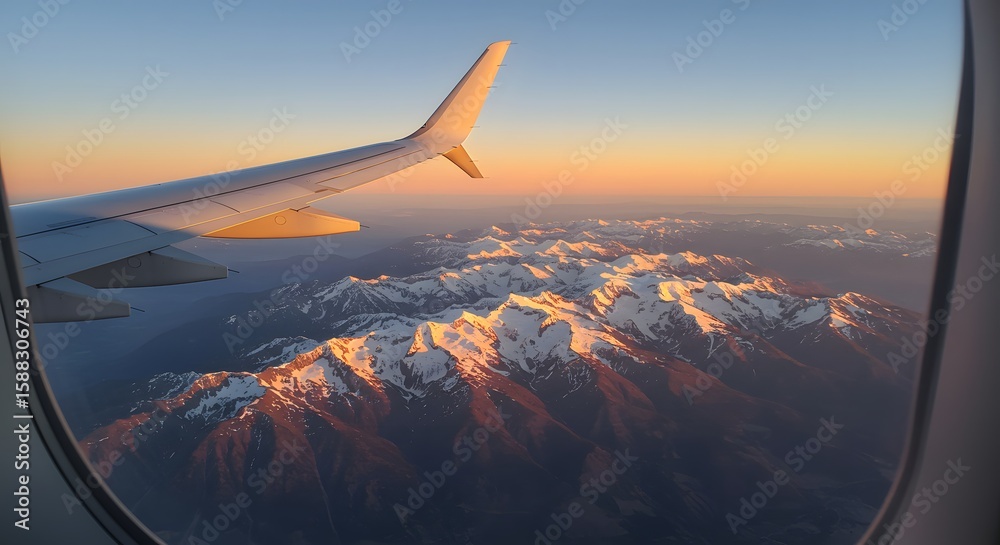 Obraz premium Scenic View of Mountain Sunrise from Airplane Wing