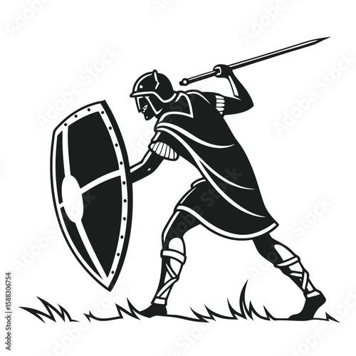 Ancient Warrior Fiercely Defending Territory With Shield And Spear