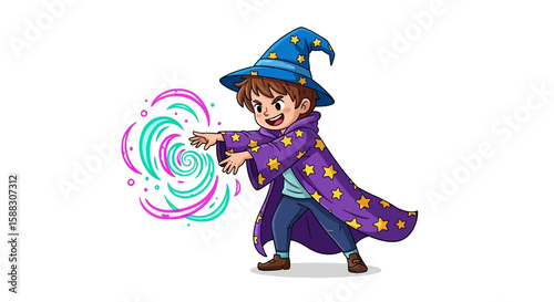 Cartoon illustration of a young boy dressed as a wizard, casting a spell with swirling magical energy emanating from his hands.