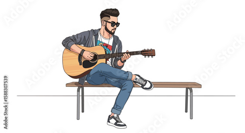 Cartoon illustration of a man playing an acoustic guitar on a park bench.