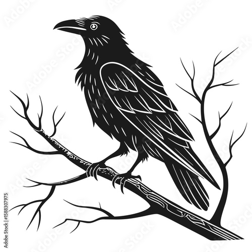A Detailed Illustration of a Raven Perched on a Tree Branch Detailed Black and White Artwork