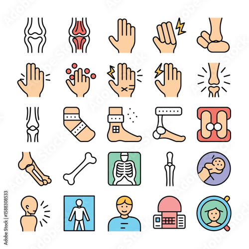 Colorful Line Icons Set Illustrating Various Joint Pains Injuries and Medical Examinations Including Knee Ankle Hand Bones X Ray and More