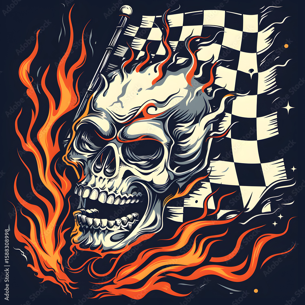 Obraz premium Dark and intense illustration of a flaming skull with checkered flags symbolizing victory and chaos in a vivid tattoo style artwork with fiery details and bold lines