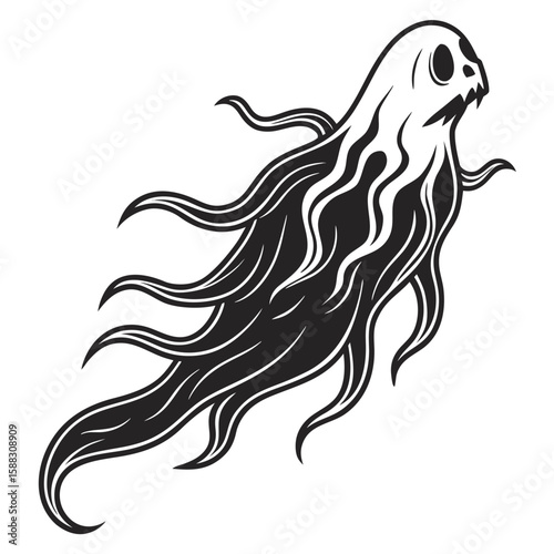 Spooky spectral phantom entity with flowing tendrils and skeletal face haunting the night