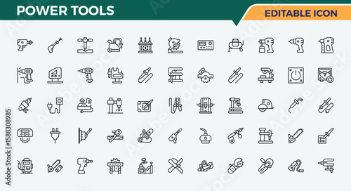 Power Tools line icon set. Contains such icons as tools, construction, repair, power, industry, hardware and more. Instrument modern icon set. Icons for application. Vector illustration.