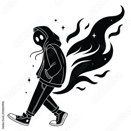 Mysterious figure with smoky trail walking under starry night sky