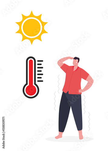 Global warming - A hot person sweating due to dehydration in strong sunlight. Hot summer day. Climate Change stock illustration