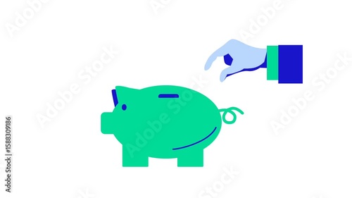 Animated business theme icon of piggy bank and coins with white background