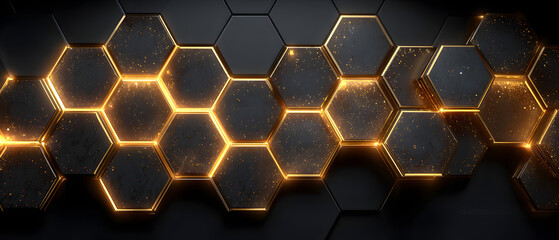 Black and gold background with a pattern of hexagons. The hexagons are illuminated with a golden glow