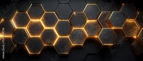 Obraz  z motywem Black and gold background with a pattern of hexagons. The hexagons are illuminated with a golden glow
