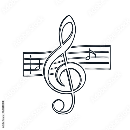 A musical treble clef and notes on a white background create a classical music symbol design