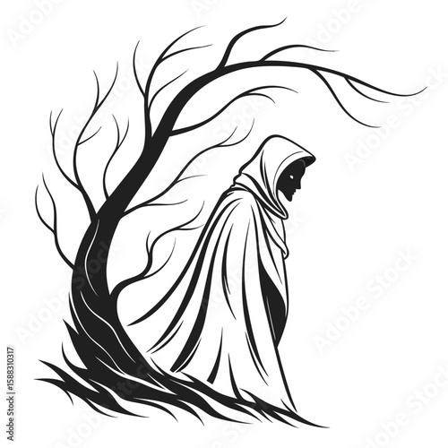 Mysterious hooded figure emerges from gnarled ancient tree under dark sky