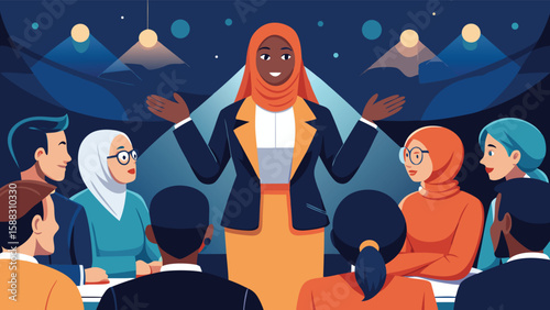 Diverse group listens attentively to a confident muslim woman presenting ideas